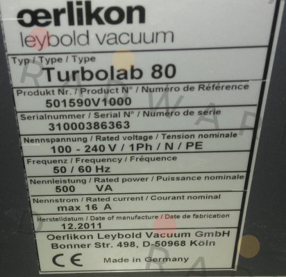 Leybold-P/N:501590V1000  TYPE:Turbolab 80  S/N:31000386363 price