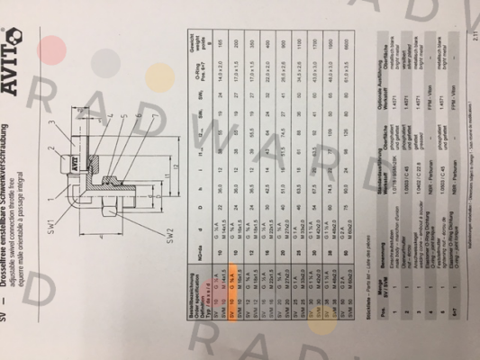 Avit-SV102-1015-01 , type  SV 10x1,5 G 3/8"A NBR   price